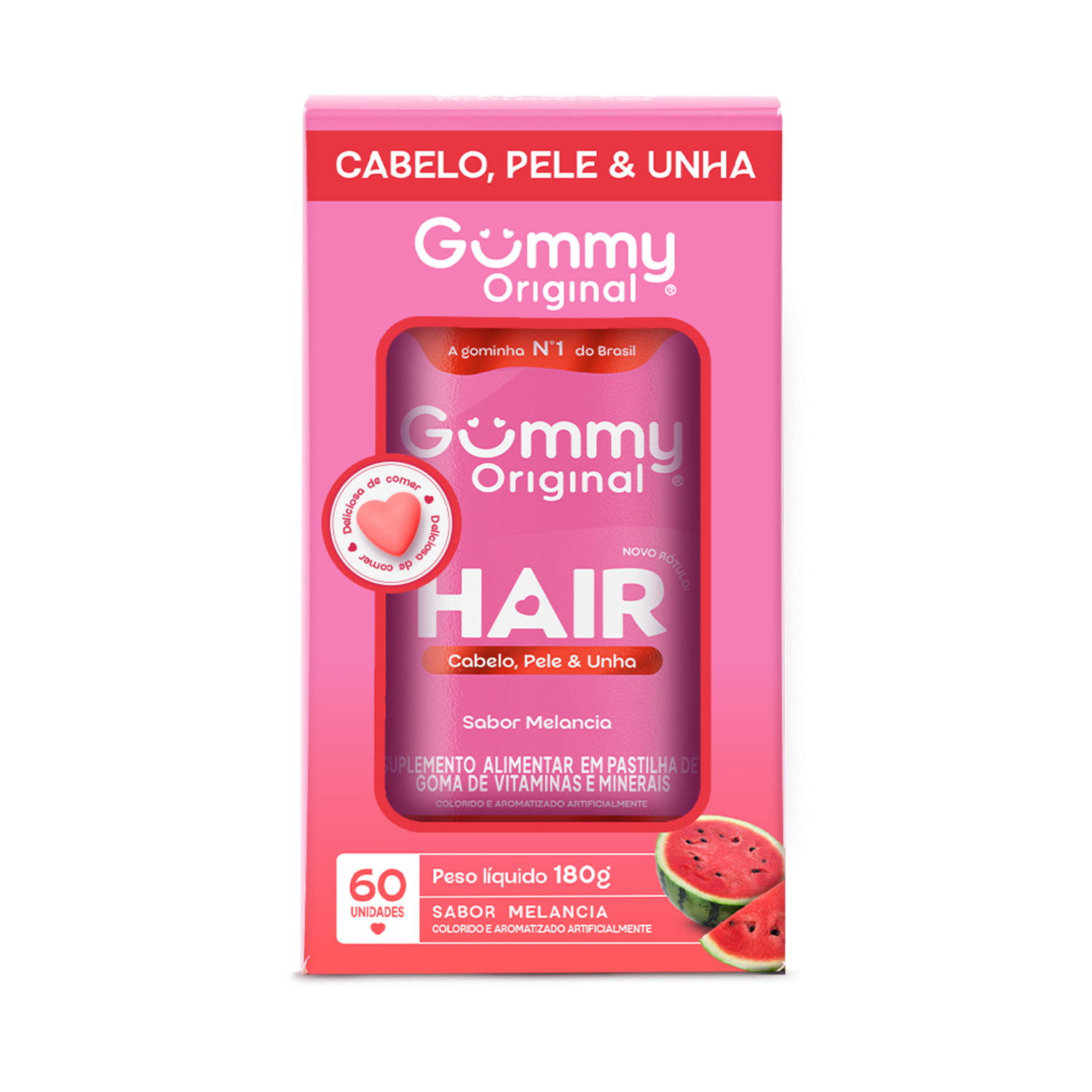 GUMMY HAIR SABOR MELANCIA GOMAS 60UN CABELO, PELE E UNHA - NUTRIN GROUP