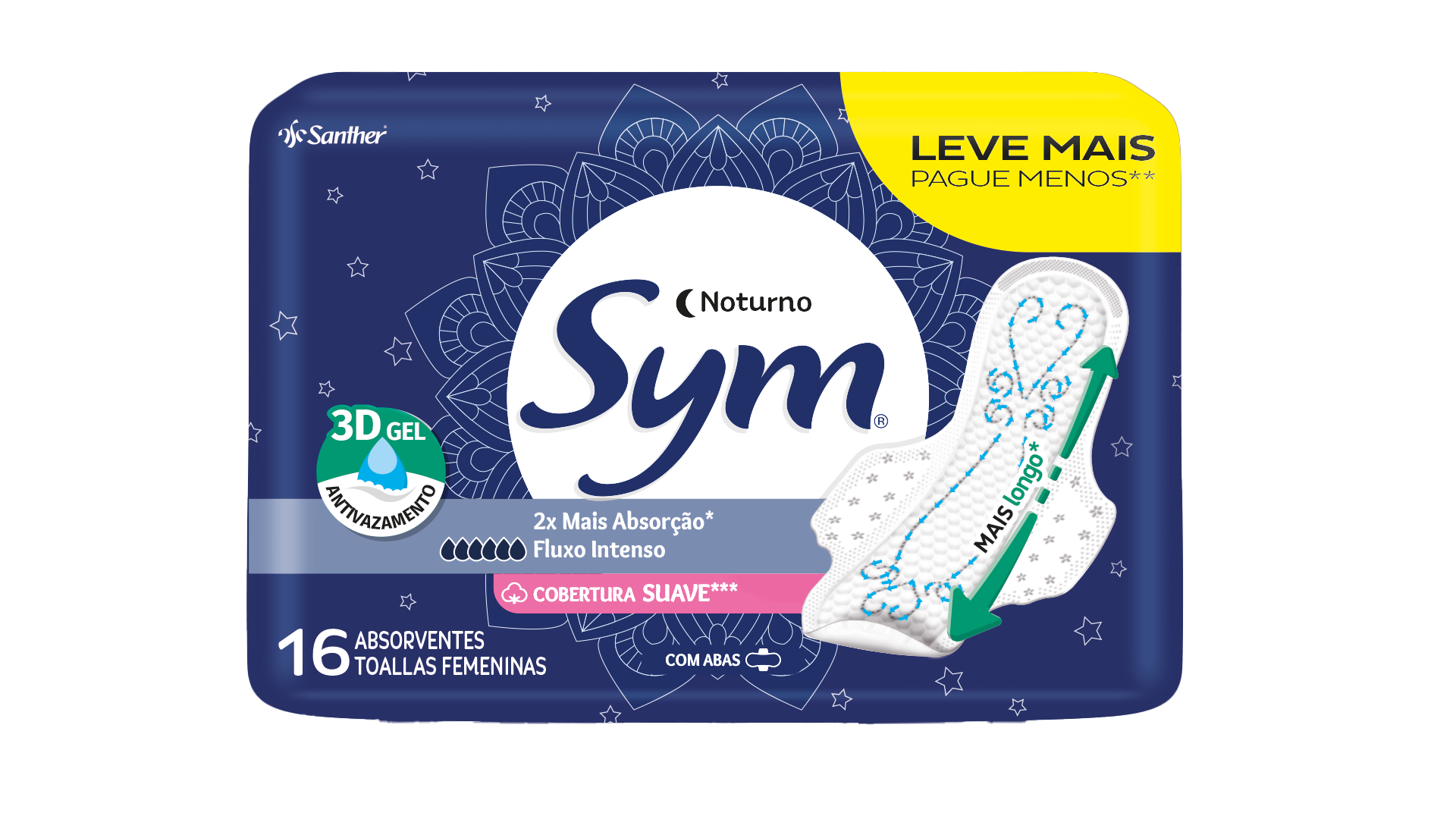 ABSORVENTE SYM NOITE/DIA COM ABAS L16P14 SUAVE FLUXO INTENSO MODERADO - SANTHER