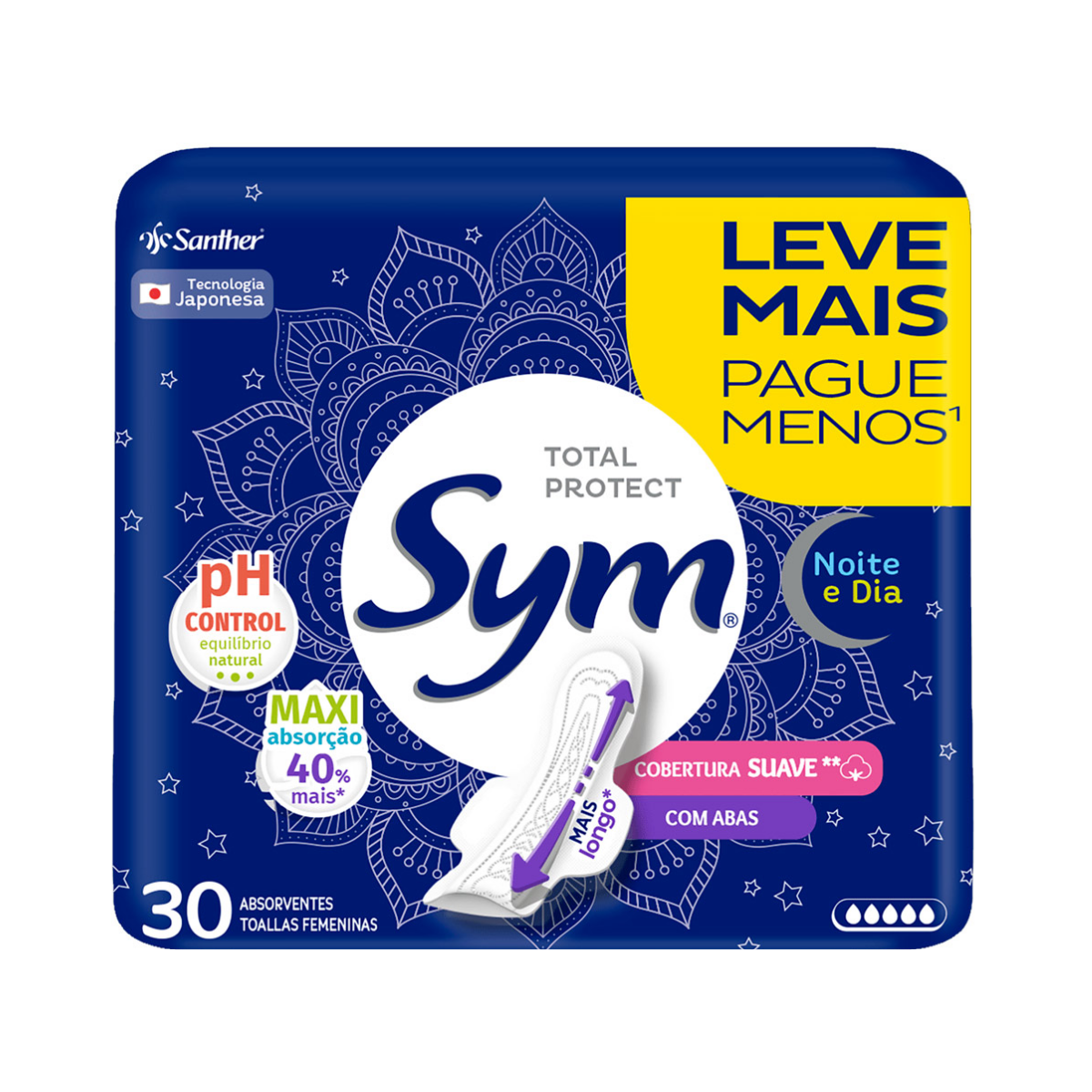 ABSORVENTE SYM NOTURNO COM ABAS 8UN SUAVE 3D GEL FLUXO INTENSO - SANTHER