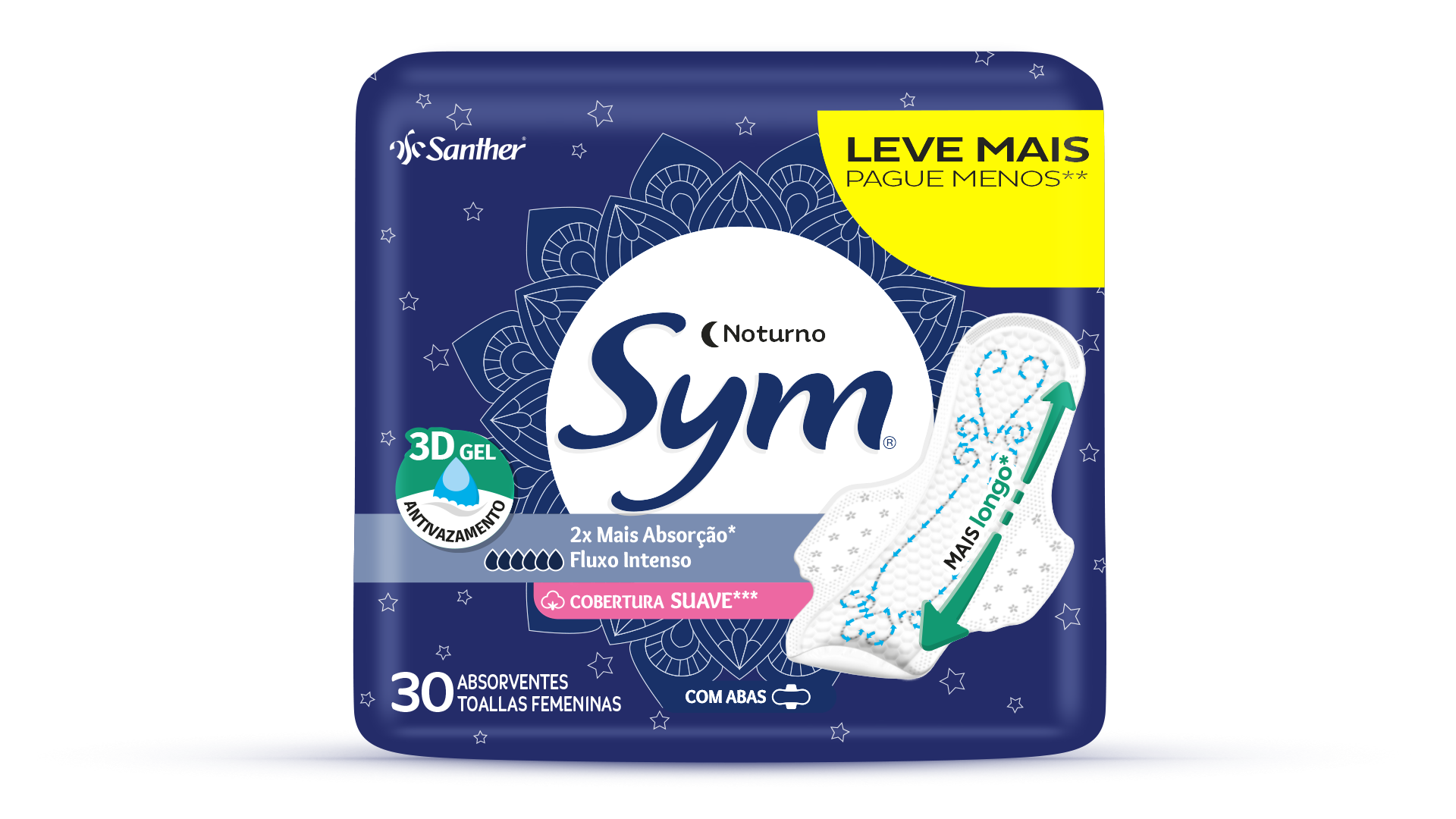 ABSORVENTE SYM NOTURNO COM ABAS 30UN SUAVE 3D GEL FLUXO INTENSO - SANTHER