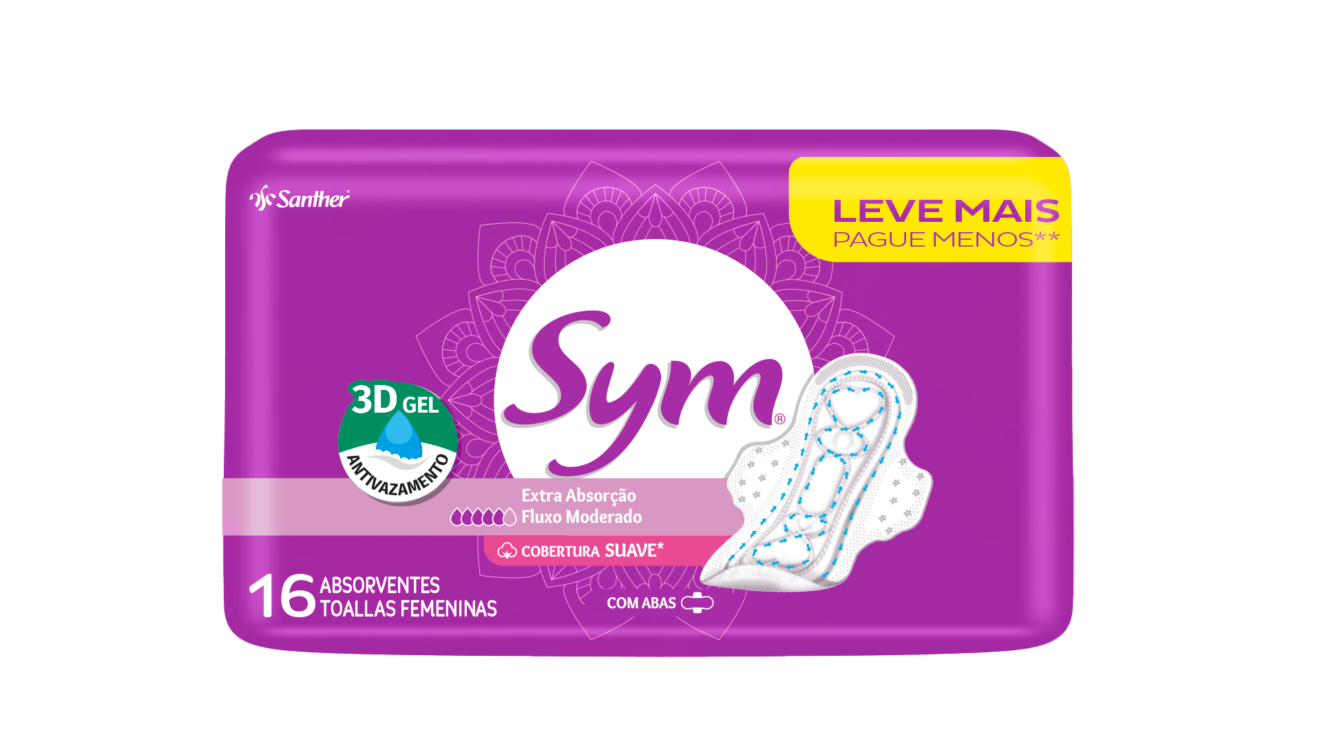 ABSORVENTE SYM COM ABAS 16UN SUAVE 3D GEL FLUXO MODERADO - SANTHER