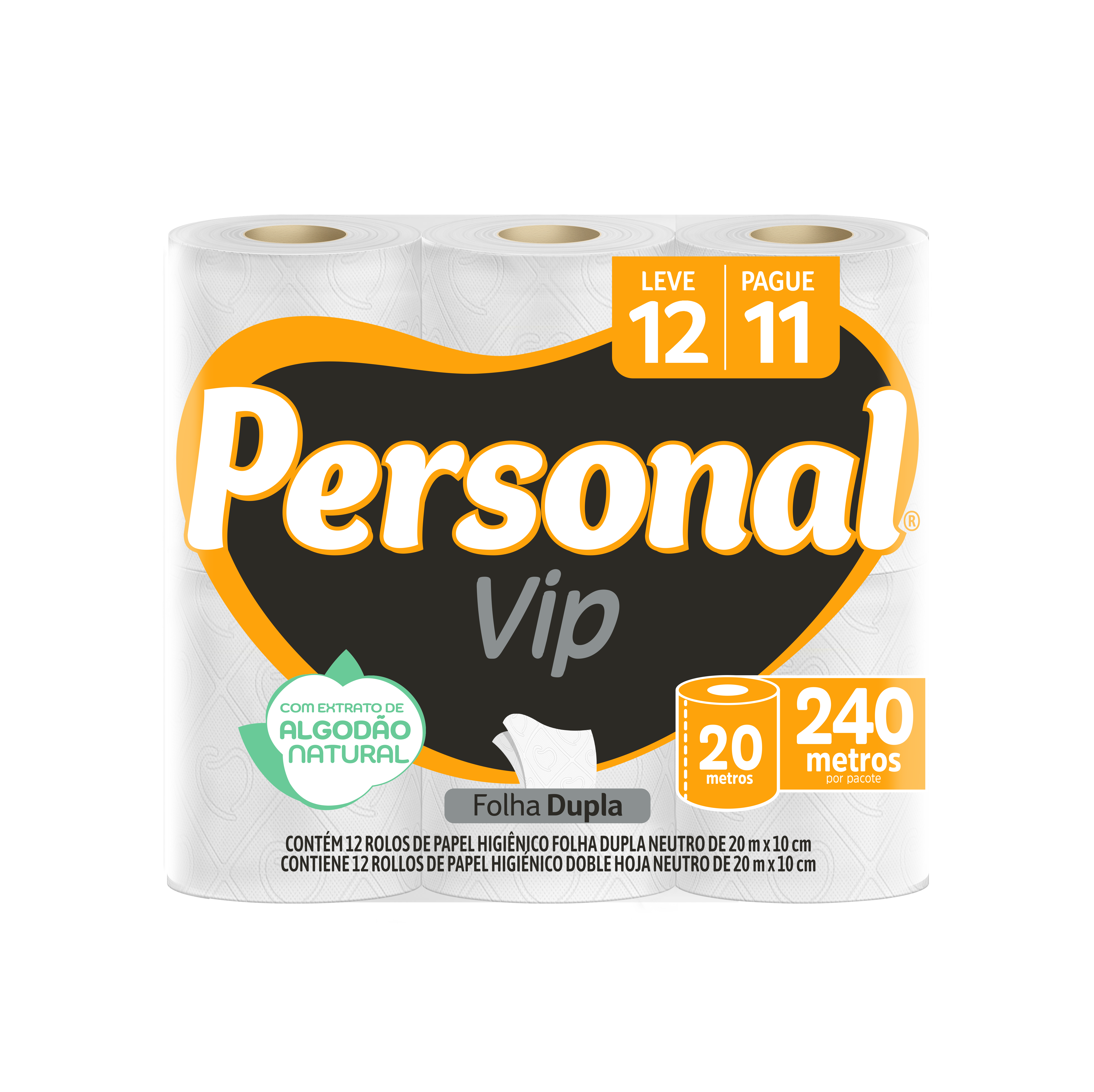PAPEL HIGIENICO PERSONAL VIP L12P11 ROLO FOLHA DUPLA 20M NEUTRO - SANTHER