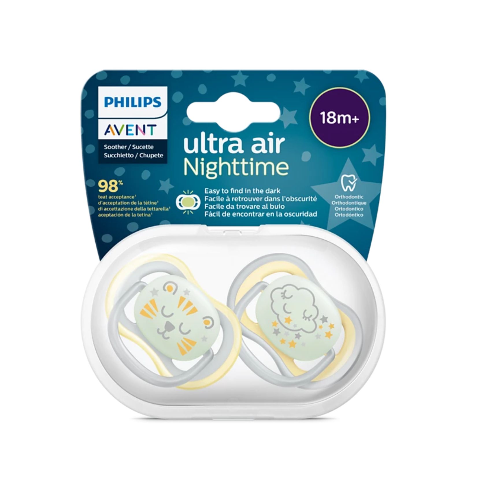 CHUPETA ULTRA AIR NIGHTTIME DEC 18M+ 2UN NUVEM/TIGRE SCF376/01 - AVENT