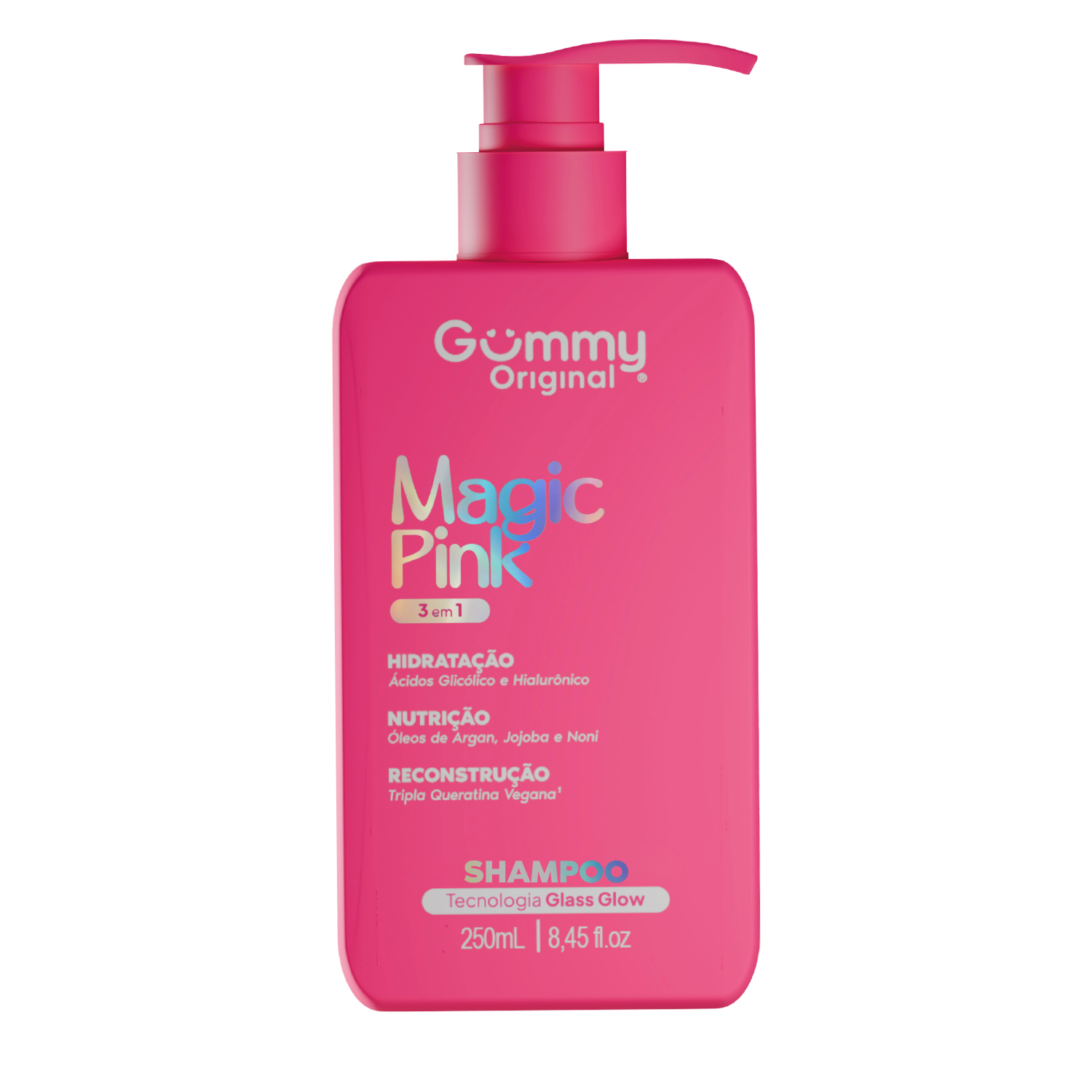 SHAMPOO 3EM1 MAGIC PINK GLASS GLOW 250ML HIDRATACAO NUTRICAO RECONSTRUCAO GUMMY- NUTRI