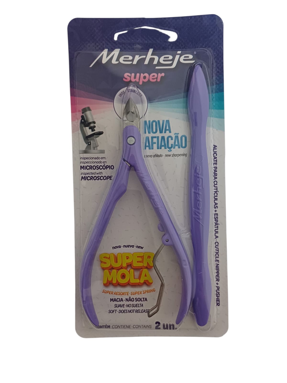 ALICATE PARA CUTICULAS COM ESPATULA UN BASIC SUPER LILAS - MERHEJE