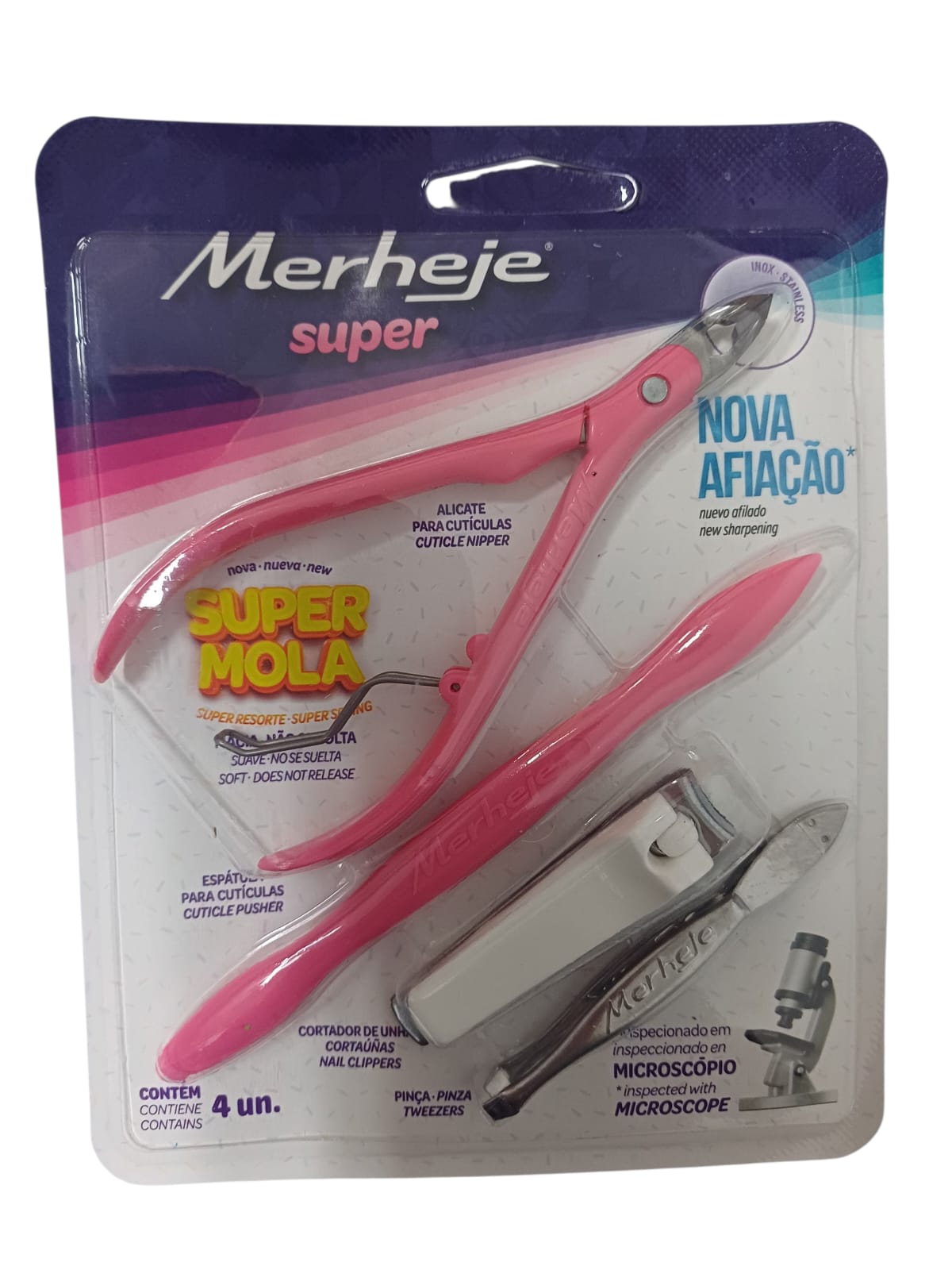 ALICATE PARA CUTICULAS + KIT UN BASIC ESPATULA, CORTADOR E PINÇA ROSA - MERHEJE