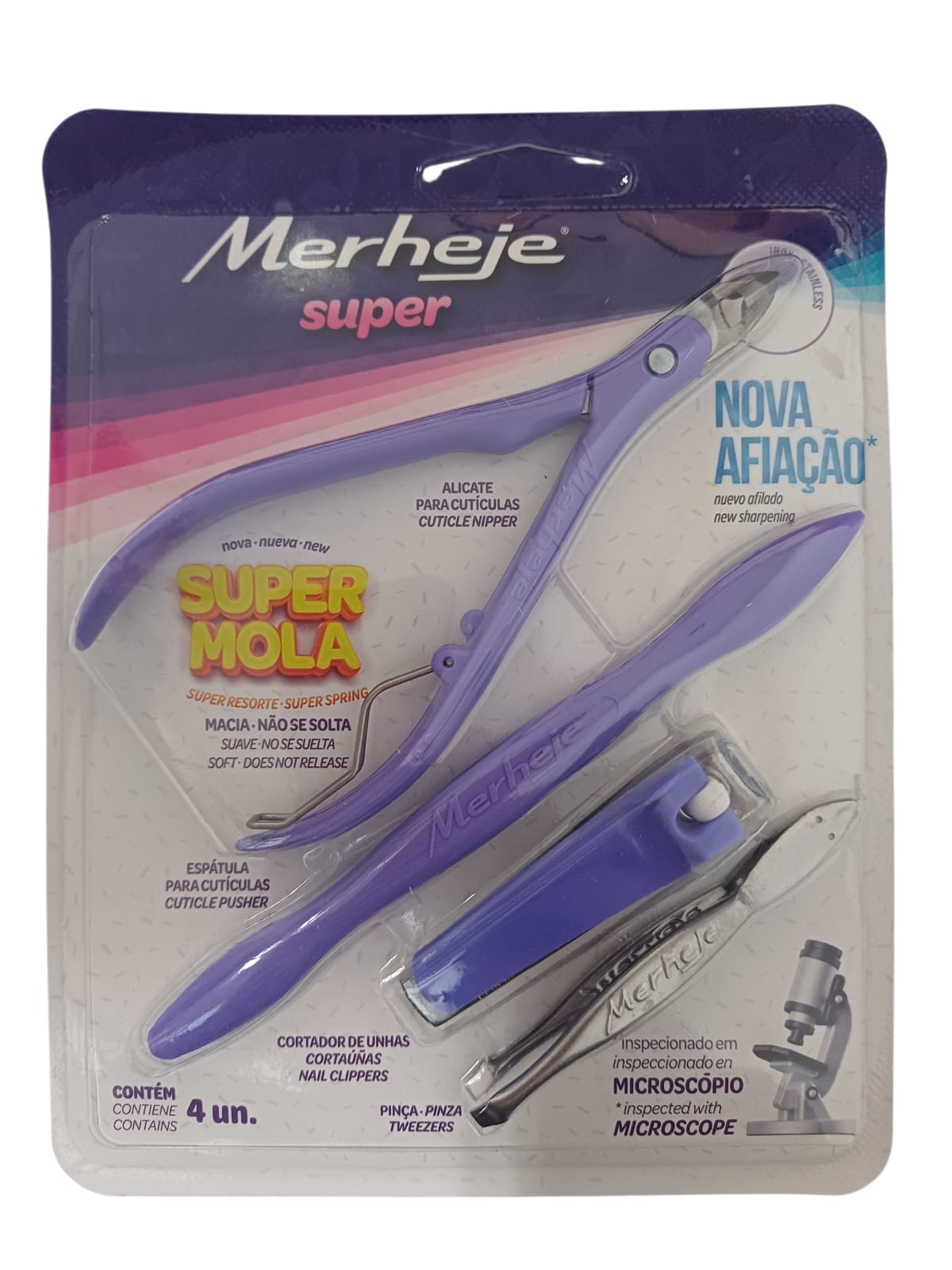 ALICATE PARA CUTICULAS + KIT UN BASIC ESPATULA, CORTADOR E PINÇA LILAS - MERHEJE