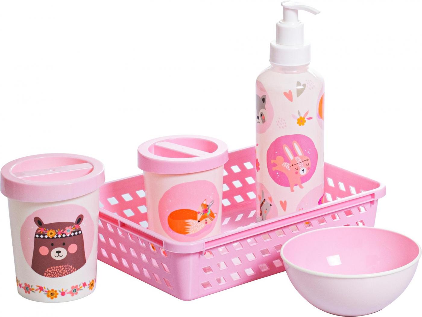 KIT DE HIGIENE DE PLASTICO COM 5 PECAS DECORADA ROSA INFANTIL - PLASUTIL