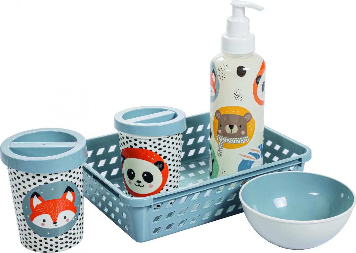 KIT DE HIGIENE DE PLASTICO COM 5 PECAS DECORADA AZUL INFANTIL - PLASUTIL