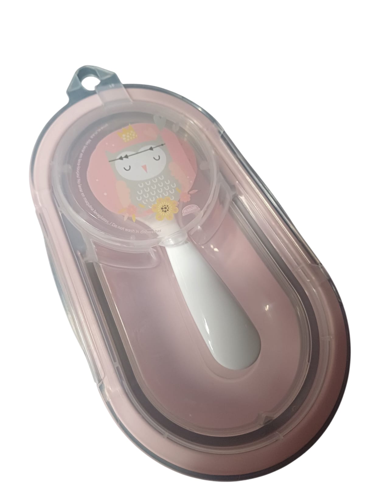 PORTA PAPINHA DE PLASTICO COM TRAVA E COLHER DECORADA ROSA INFANTIL-PLASUTIL