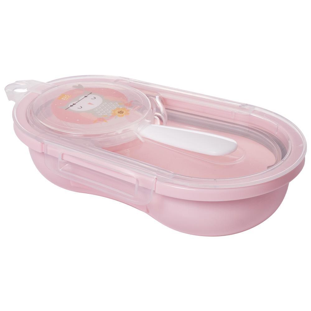 PORTA PAPINHA DE PLASTICO ROSA COM TRAVA E COLHER DECORADA INFANTIL-PLASUTIL