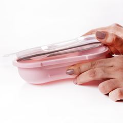 PORTA PAPINHA DE PLASTICO COM TRAVA E COLHER DECORADA ROSA INFANTIL-PLASUTIL