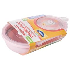 PORTA PAPINHA DE PLASTICO COM TRAVA E COLHER DECORADA ROSA INFANTIL-PLASUTIL