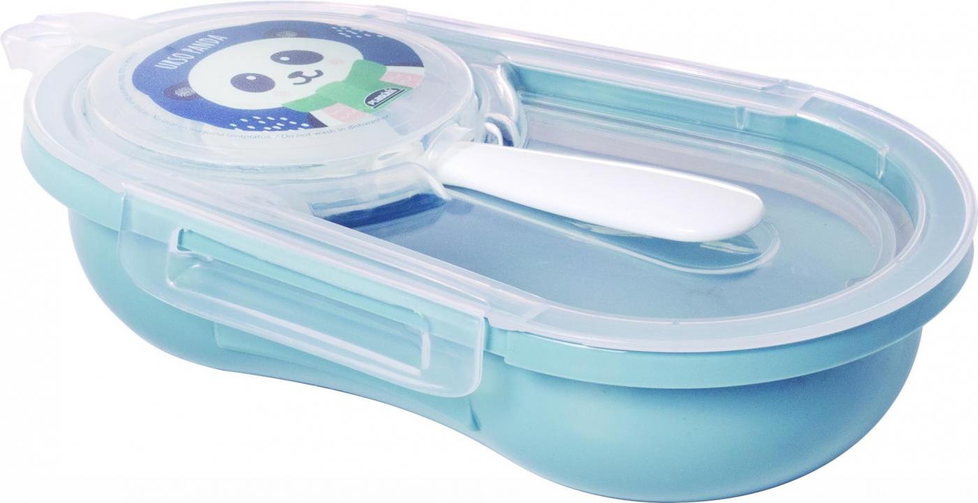 PORTA PAPINHA DE PLASTICO COM TRAVA E COLHER DECORADA AZUL INFANTIL-PLASUTIL