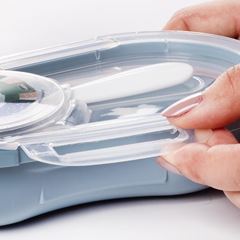 PORTA PAPINHA DE PLASTICO COM TRAVA E COLHER DECORADA AZUL INFANTIL-PLASUTIL