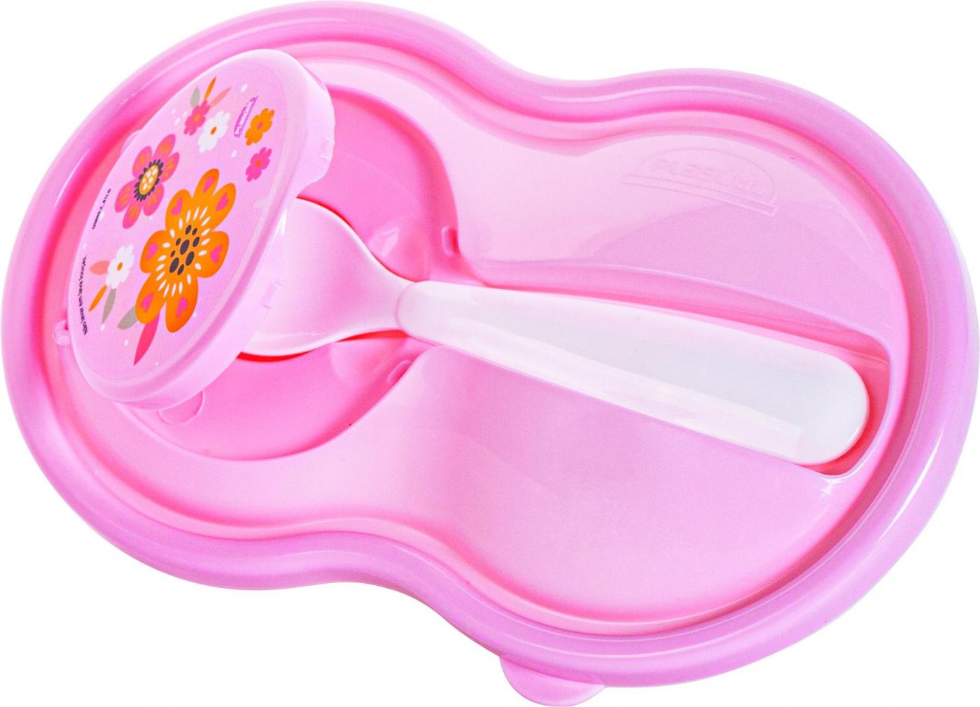 POTE DE PAPINHA DE PLASTICO COM COLHER DECORADA ROSA INFANTIL - PLASUTIL