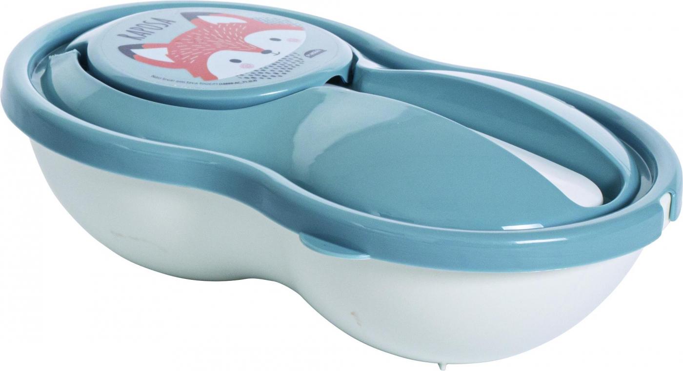 POTE DE PAPINHA DE PLASTICO COM COLHER DECORADA AZUL INFANTIL - PLASUTIL