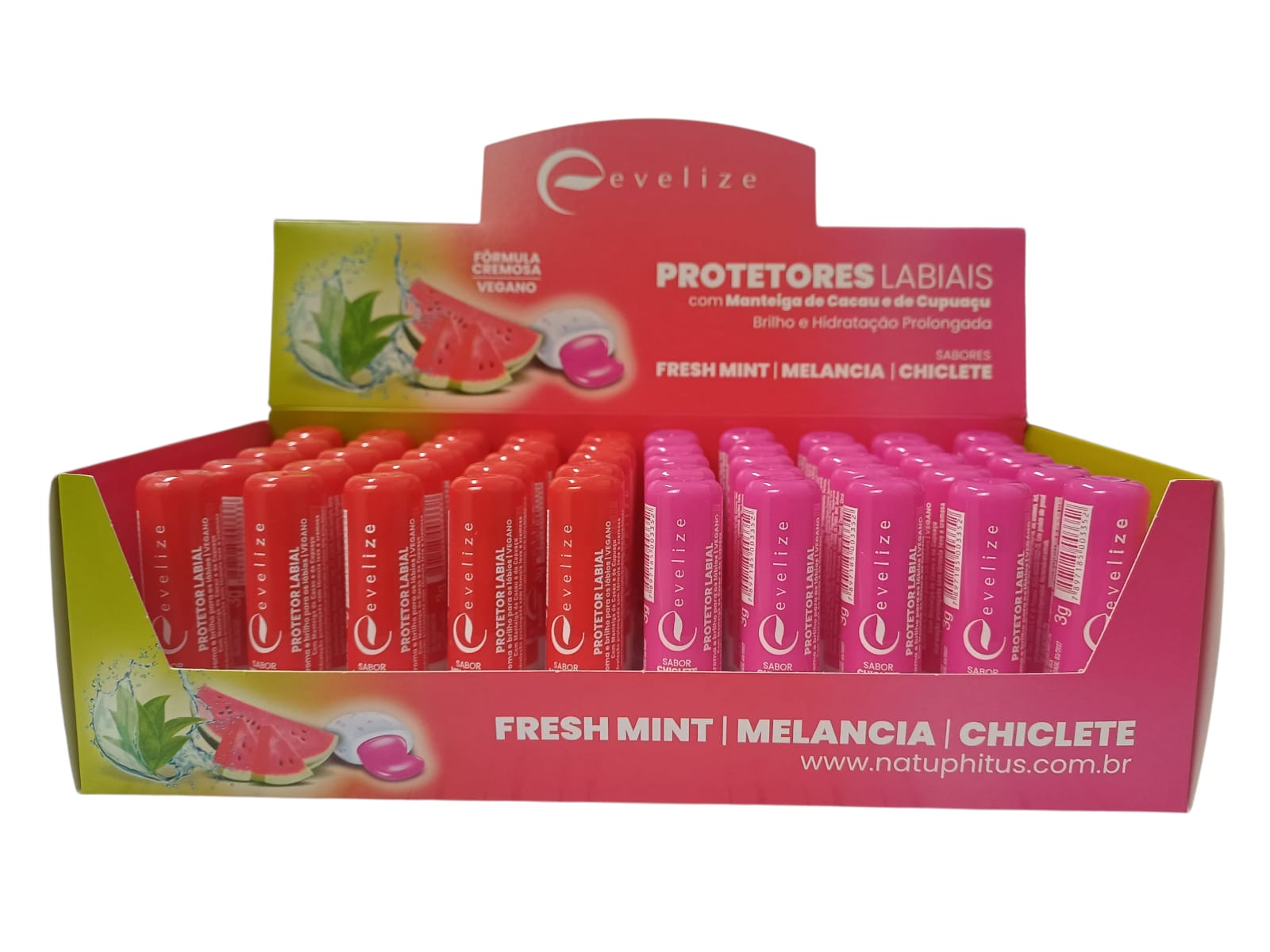 PROTETOR LABIAL DE BASTAO MISTO 50UN SABORES MELANCIA E CICLETE - EVELIZE