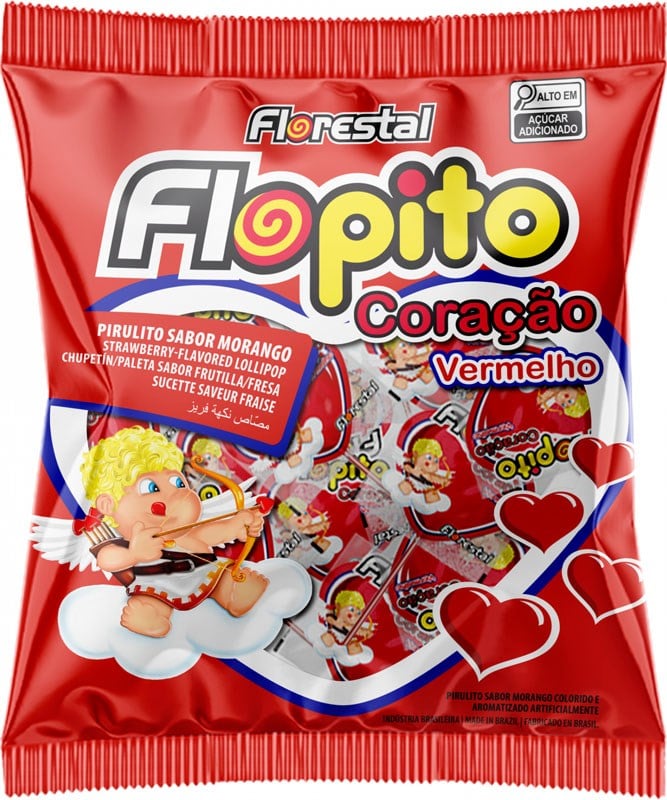 PIRULITOS FLOPITO CORAÇÃO VERMELHO SABOR MORANGO 50G - FLORESTAL