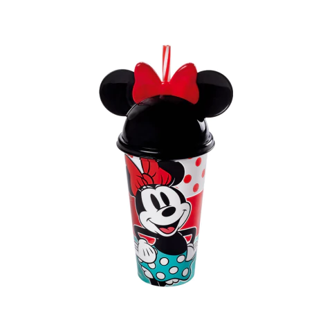 COPO DE PLASTICO INFANTIL MINNIE COM CANUDO E TAMPA DE ORELHA 500ML - PLASUTIL