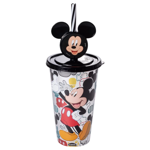 COPO DE PLASTICO INFANTIL REFRI MICKEY METALIZADO CANUDO E PINGENTE 500ML - PLASUTIL