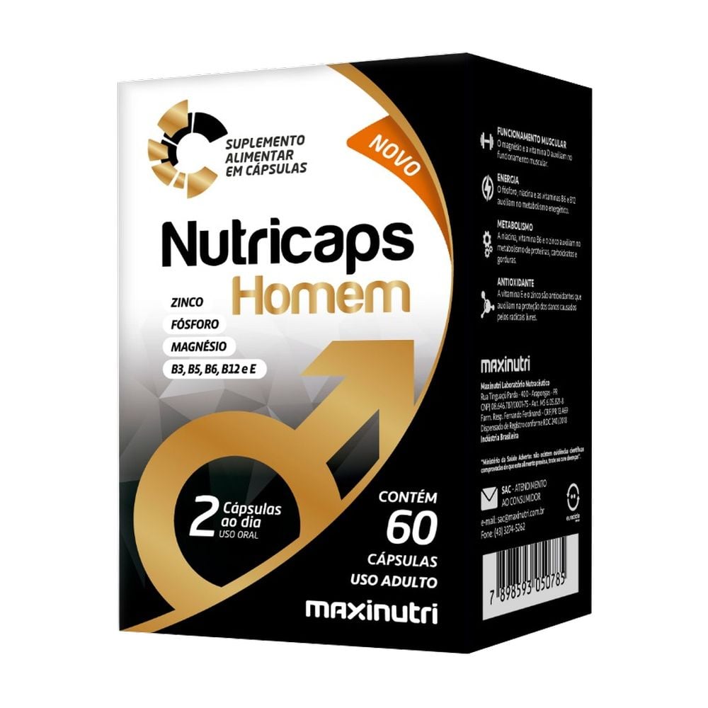 NUTRICAPS HOMEM ZINCO, FOSFORO, B3,B5,B6,B12 VIT E 60 CAPSULAS - MAXINUTRI