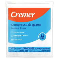 COMPRESSA DE GAZE 11 FIOS 7,5X7,5CM 10UN NAO ESTERIL 5 DOBRAS 8 CAMADAS - CREMER