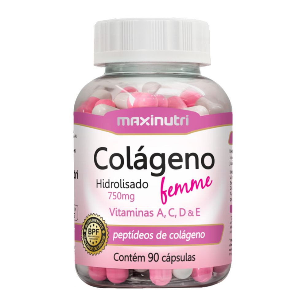 COLAGENO HIDROLISADO FEMME 750MG + VIT A, C, D, E 90 CAPSULAS - MAXINUTRI